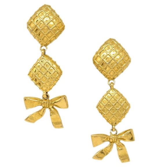 Chanel Bow Dangle Earrings Clip-On Gold 113274 - Picture 1 of 4